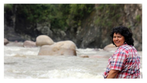 Berta Caceres stands at the Gualcarque River in the Rio Blanco region of western Honduras where she, COPINH (the Council of Popular and Indigenous Organizations of Honduras) and the people of Rio Blanco have maintained a two year struggle to halt construction on the Agua Zarca Hydroelectric project, that poses grave threats to local environment, river and indigenous Lenca people from the region.